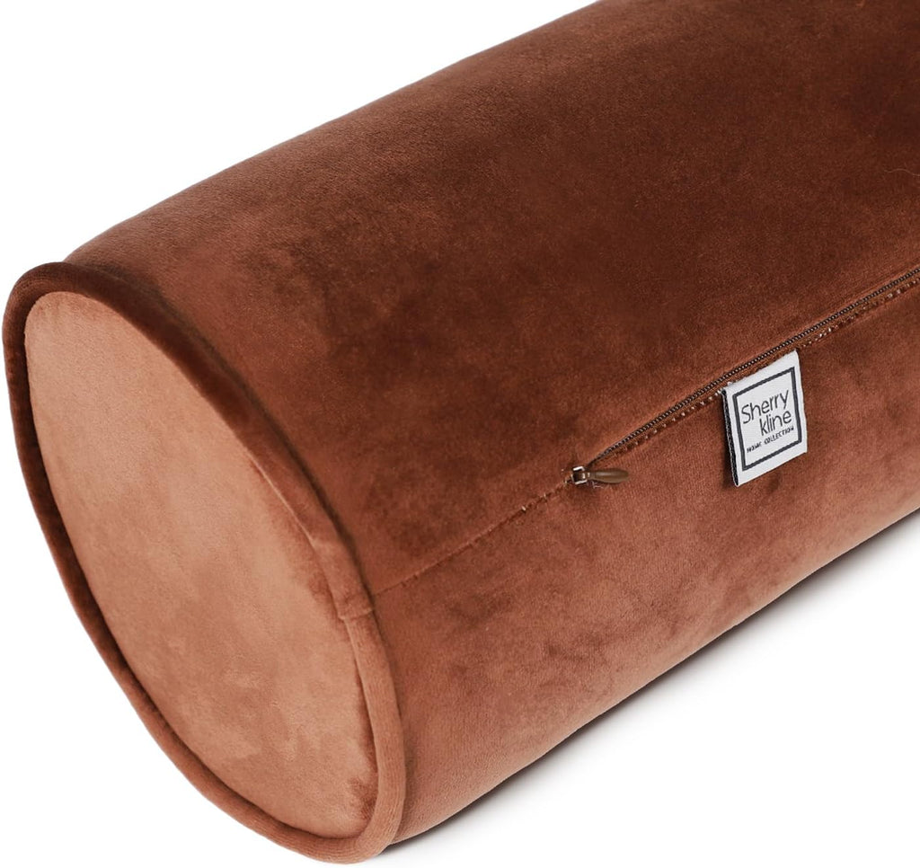 Sherry Kline Velvet Neck Bolster Pillows Set of 2, Plush Velvet Decorative Cylinder Throw Pillows for Couch, Sofa & Bed, Round Accent Pillow, Back & Neck Support, Brown, 18" x 6"