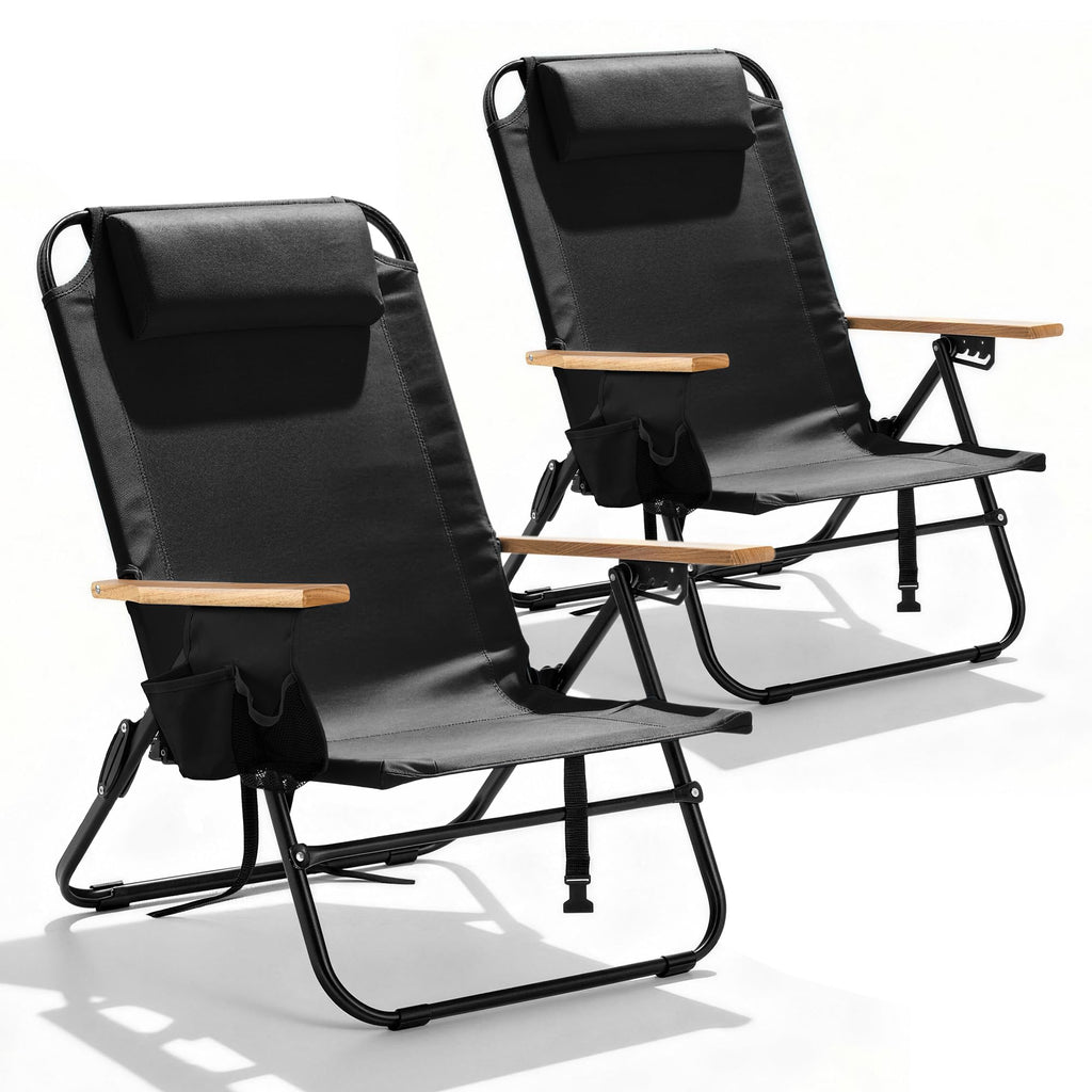 2 Pack Premium 5-Position Reclining Camping Chair - Portable Folding Lightweight Outdoor Chair with Wooden Armrests, Headrest & Pockets, 350lbs Heavy Duty for Beach, Patio, Backyard, Black