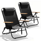 2 Pack Premium 5-Position Reclining Camping Chair - Portable Folding Lightweight Outdoor Chair with Wooden Armrests, Headrest & Pockets, 350lbs Heavy Duty for Beach, Patio, Backyard, Black