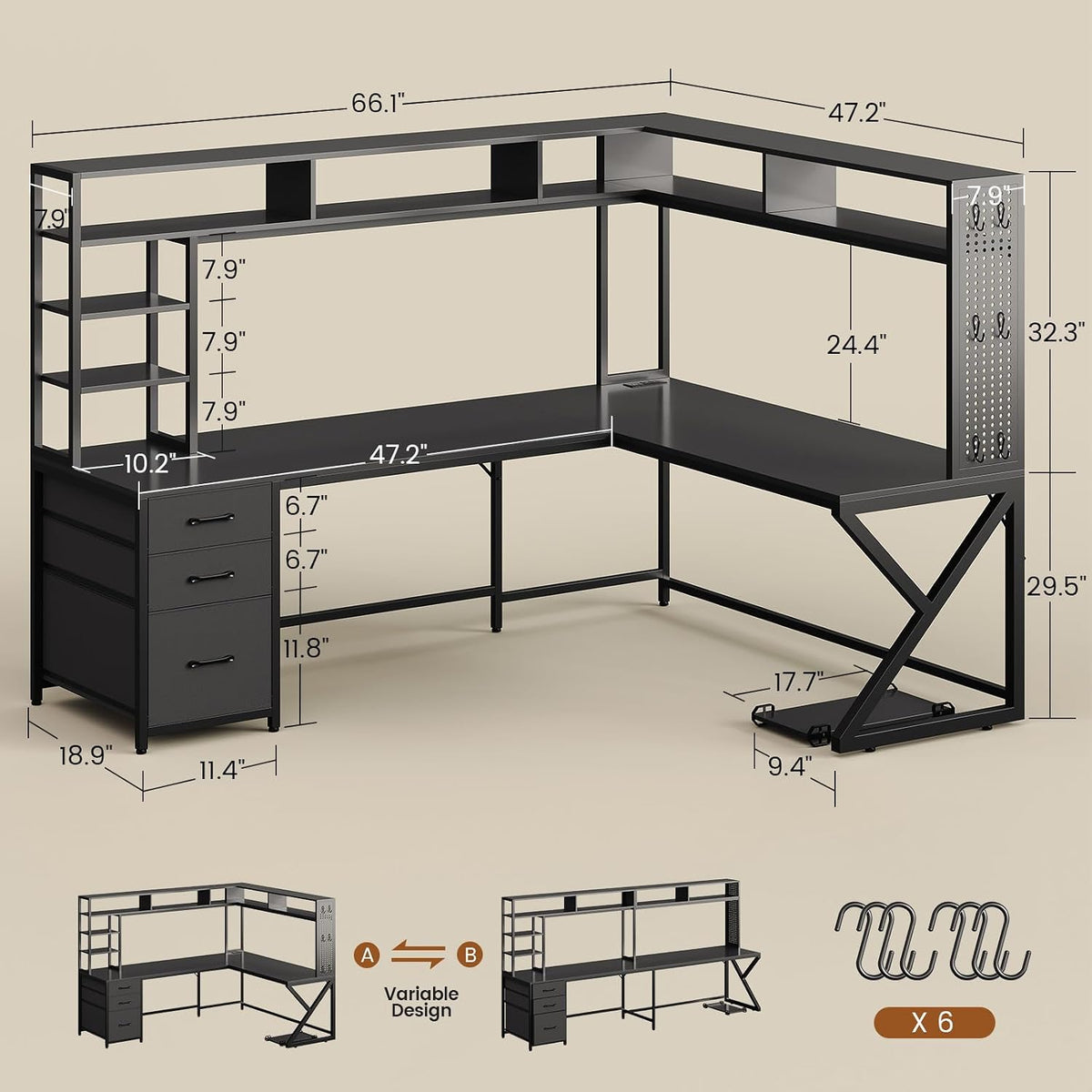 SEDETA L Shaped Gaming Desk with Storage Shelves, Hutch, Drawers