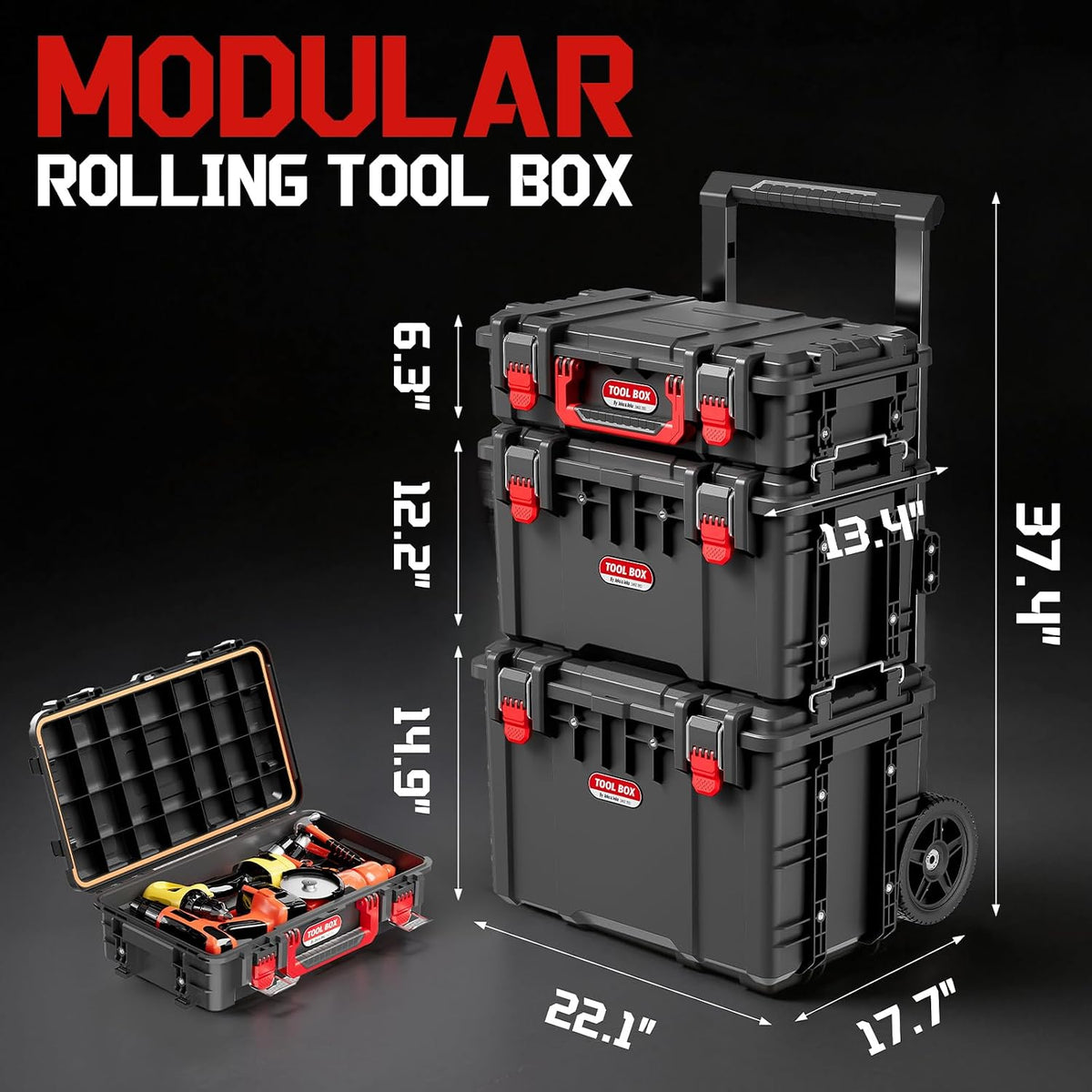 JEKO&JEKO 3-Piece Rolling Modular Tool Box System with Large Rolling Tool Box & Small Parts Organizer for Garage Storage, DIY Projects, Professional Use & Home Repairs