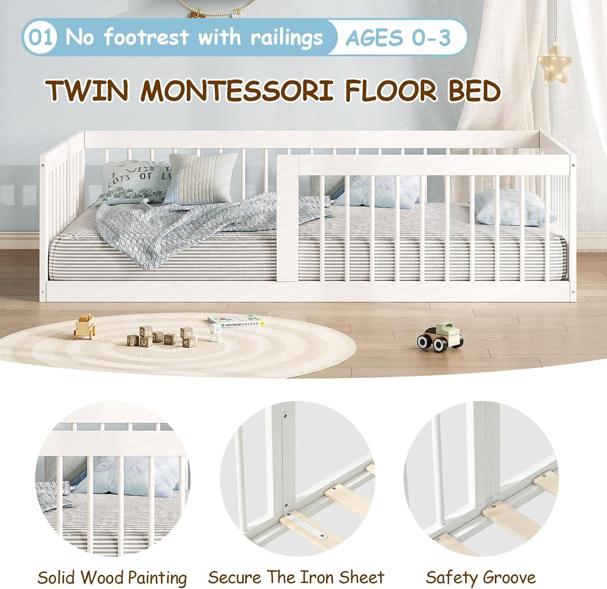 Montessori Toddler Bed, Variable Twin Floor Bed Frame with Removable Guardrails and Legs, Low Wooden Kids Bed with 12 Slats and Supporting keel, Crib-to-Bed Transition for Bedroom or Nursery, White
