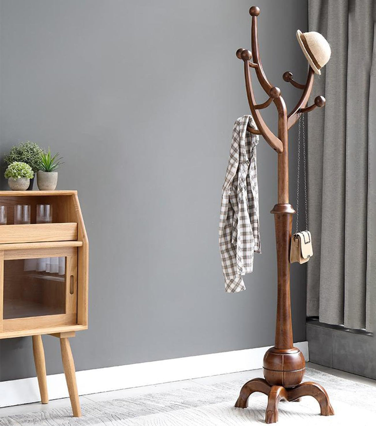Freestanding Coat Rack with 8 Hooks, 70 Inch Floor Coat Tree Wooden Clothes Rack Tree-shaped Clothing Organizer Walnut for Entrance Living Room Bedroom