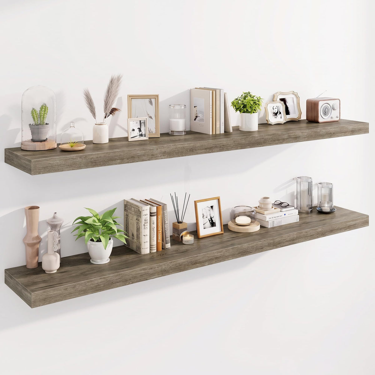Marsmiles 55" Floating Shelves for Wall, Wooden Shelves with Invisible Brackets Set of 2, Rustic Farmhouse Wall Mounted Shelf for Kitchen Bathroom Living Room Study, White