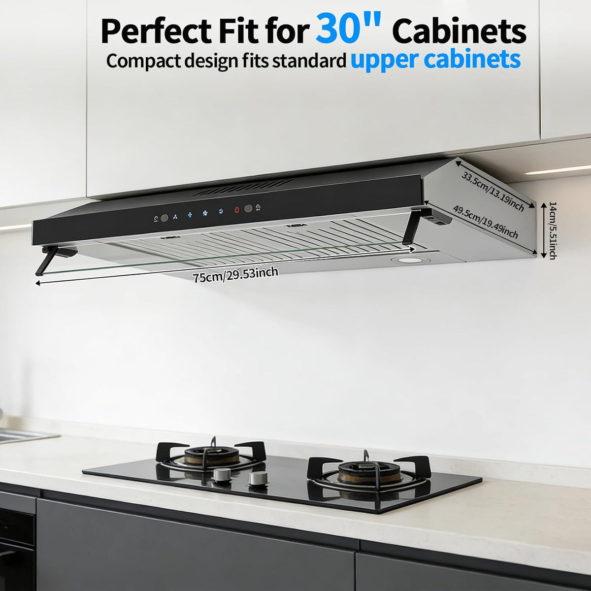 Under Cabinet Range Hood 30In 900CFM Black Ducted/Ductless Range Hoods Kitchen Stove Vent Hood for Kitchen Stainless Steel Range Hoods,3-speed Fan,Touch Control/Gesture Sensing (900CFM-30in)