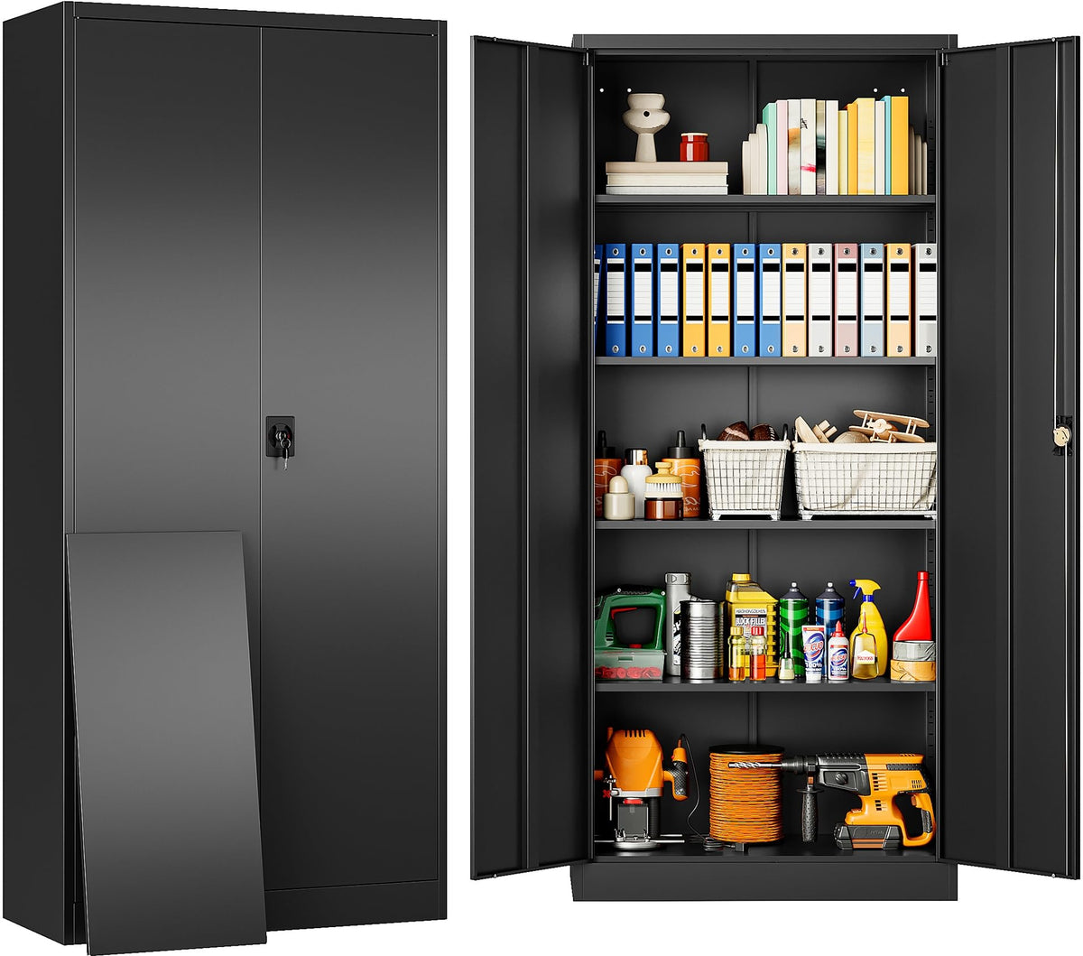 SISESOL 75" Tall Metal Storage Cabinet with Wheels,Rolling Garage Storage Cabinet with Lock,Black Metal Cabinets with Wheels and Shelves,Deep Heavy Duty Tool Locker for Garage,Home,Office,Shop