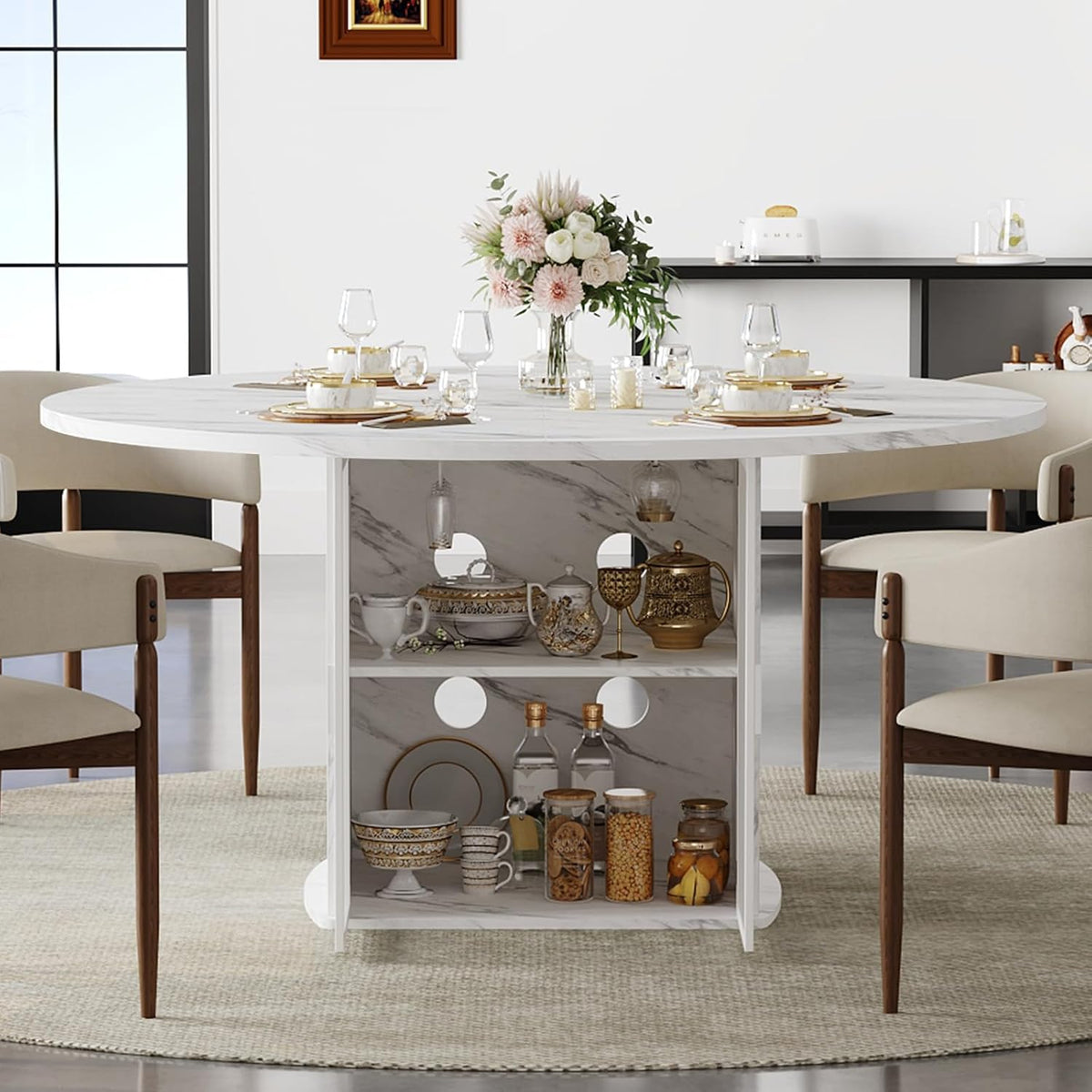 IBF 47" White Faux Marble Round Dining Table with Storage for Dining Room