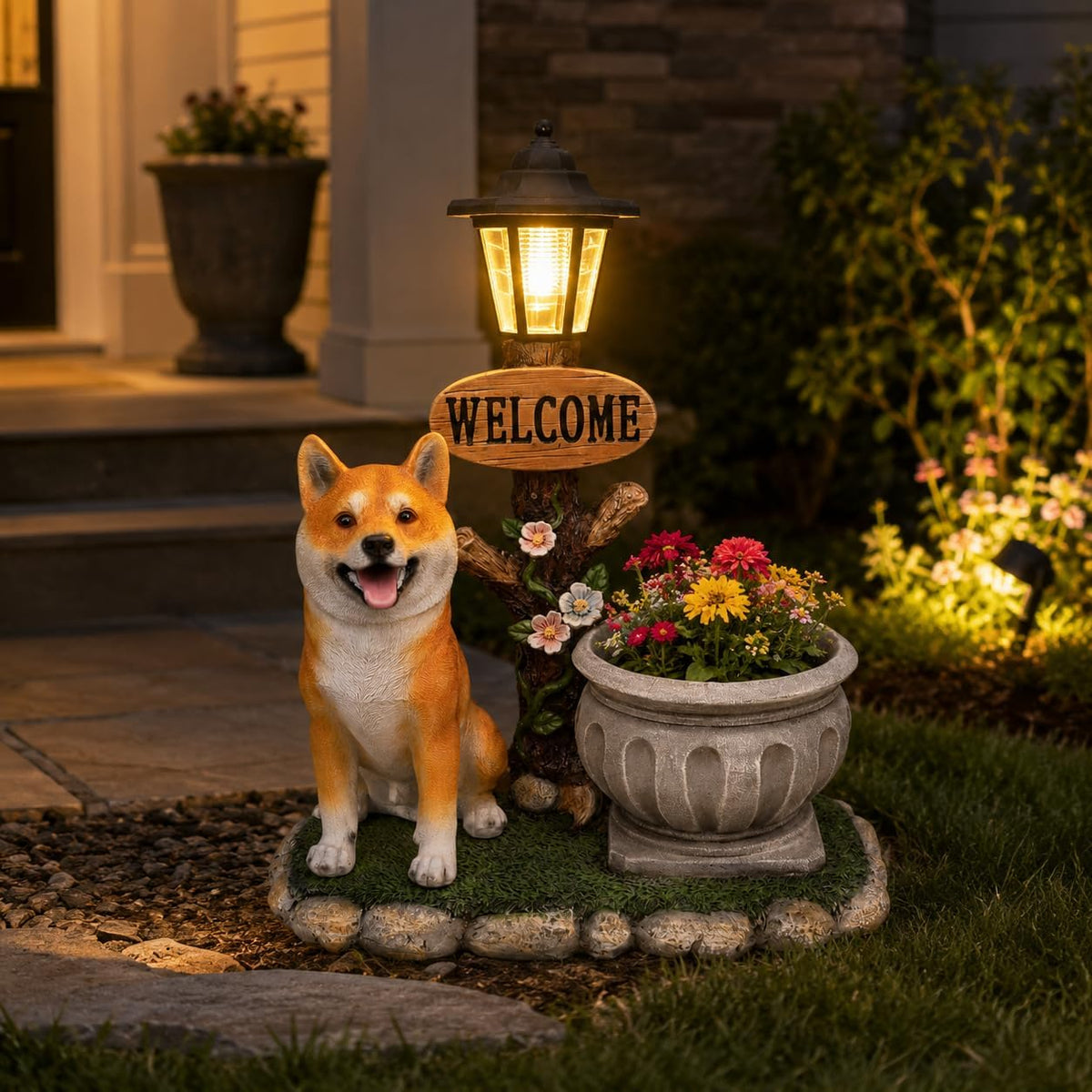Solar Shiba Inu Statue with Welcome Sign & Lantern, Dog Garden Figurine Planter Pot, Realistic Outdoor LED Light for Porch, Yard Art & Lawn Decor, Unique Gift for Shiba Inu Lovers