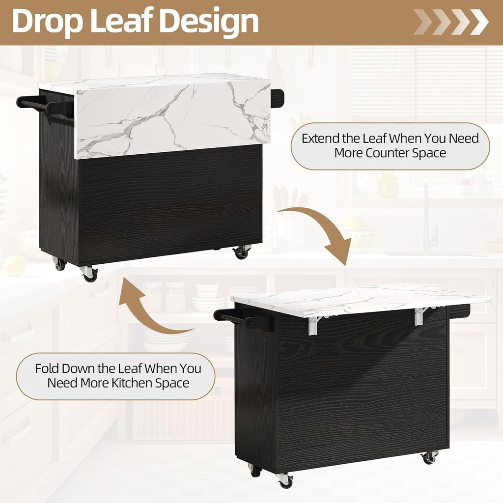43" Kitchen Island on Wheels, Rolling Kitchen Island with Drop Leaf, Black