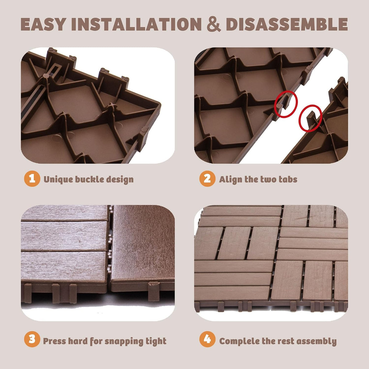 68 Pcs Interlocking Deck Tile, 61.60 Sq.Ft Deck Flooring Outdoor Waterproof All Weather, Flooring Tiles for Patio, decking Tiles for Indoor and Outdoor use, 11.42"x11.42" Square, Brown