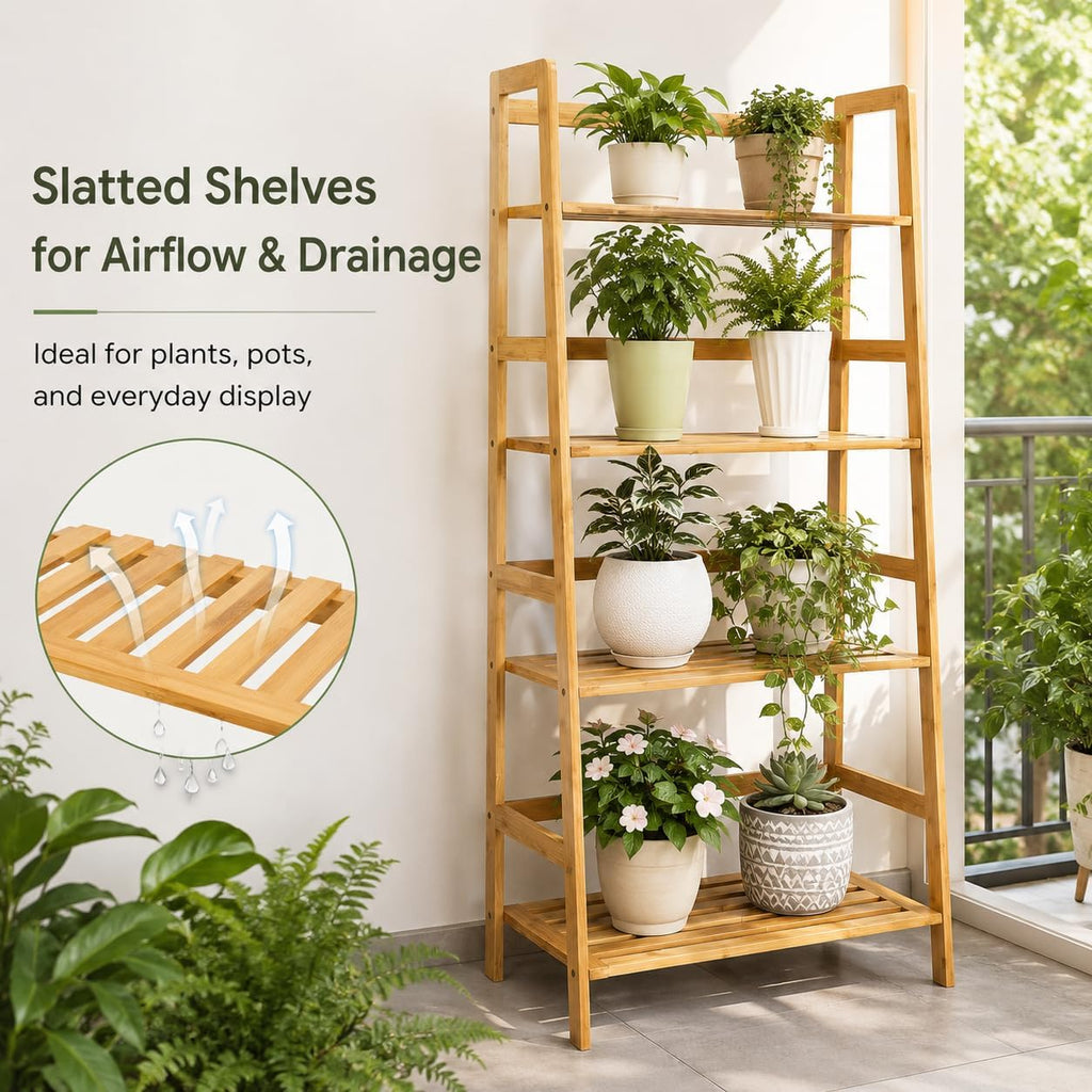 4-Tier Bamboo Bookshelf Ladder Shelf Plant Stand Rack, Wood Bookshelf Natural Wood Shelving Unit, Space-Saving Leaning Bookcase with Sturdy Frame, Bamboo Shelf Decorative Display R