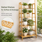 4-Tier Bamboo Bookshelf Ladder Shelf Plant Stand Rack, Wood Bookshelf Natural Wood Shelving Unit, Space-Saving Leaning Bookcase with Sturdy Frame, Bamboo Shelf Decorative Display R