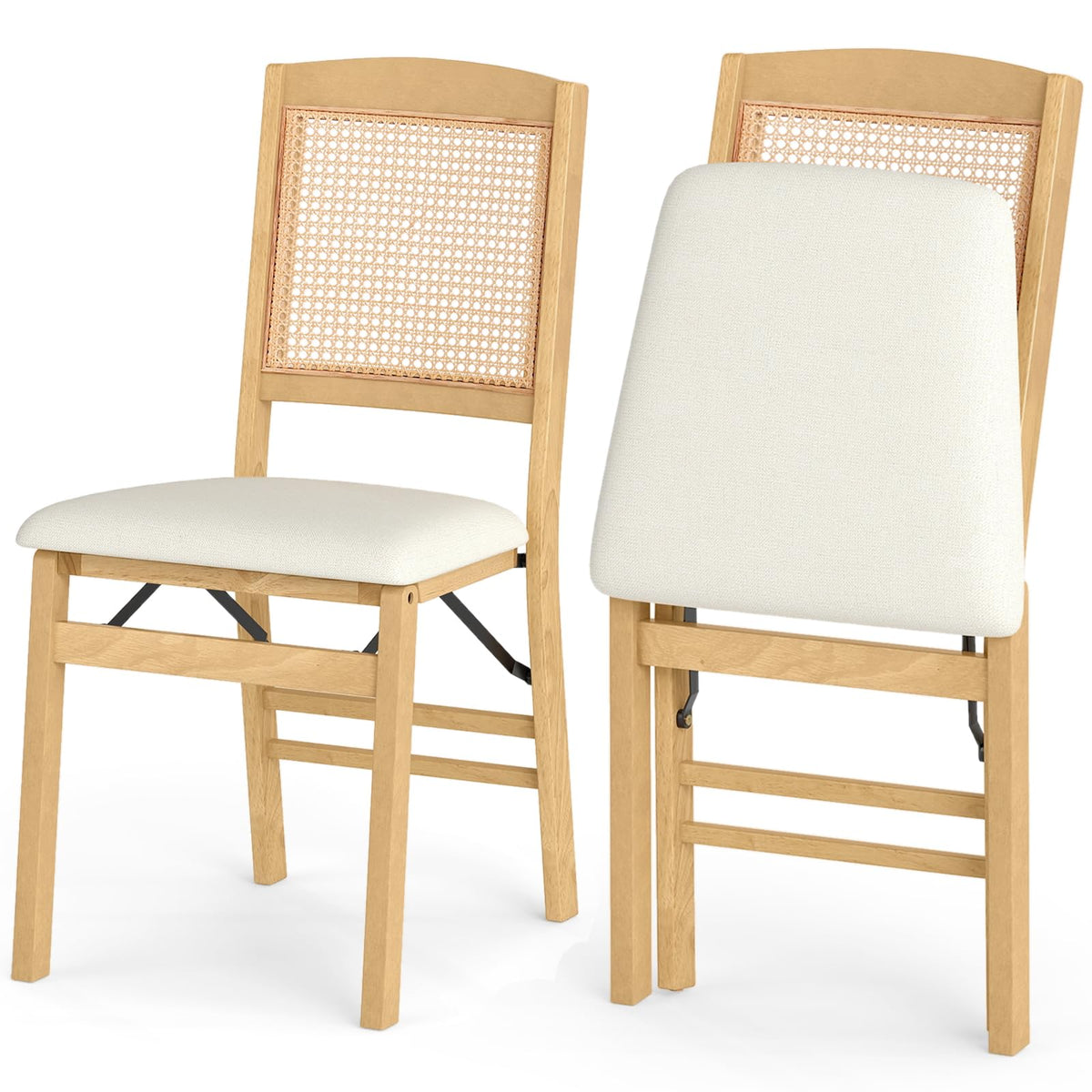 COSTWAY Folding Chairs Set of 4 w/Rattan Backrest & Padded Seat (Espresso)