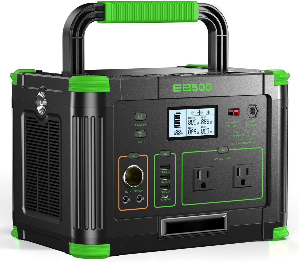 Portable Power Station 500W (Peak 1000W), 519.48Wh Outdoor Solar Generator