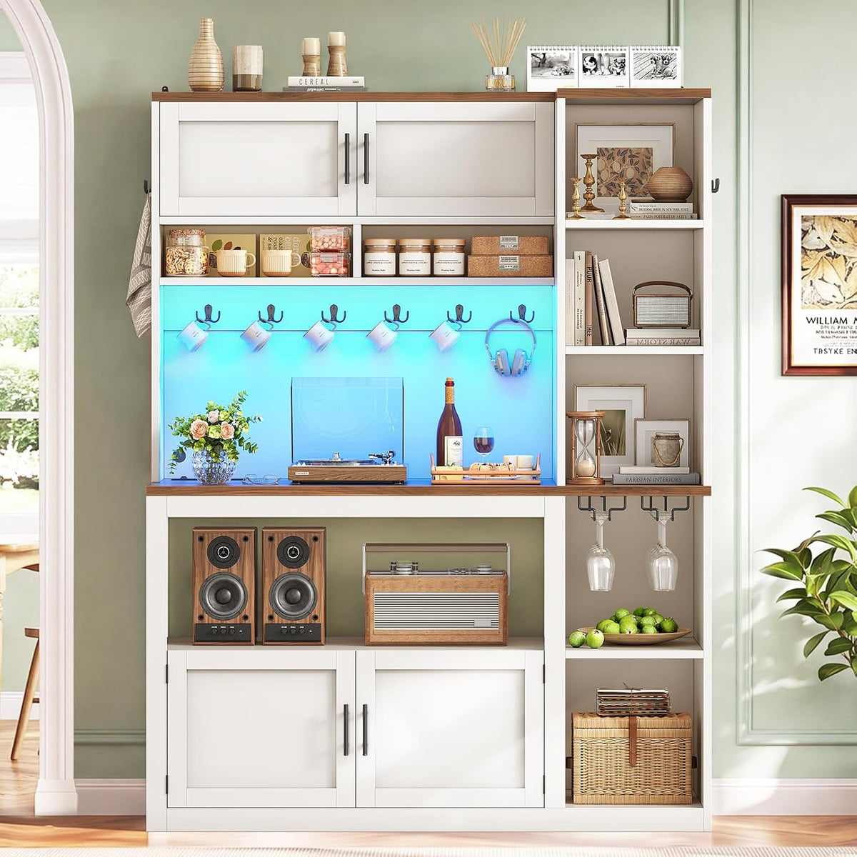 Itaar Farmhouse Bakers Rack Coffee Bar Cabinet with Storage, Power Outlet