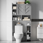 Over the Toilet Storage Cabinet, Freestanding Farmhouse Storage Cabinet Over Toilet, Bathroom Organizer with Paper Holder Stand and Adjustable Shelf, Grey