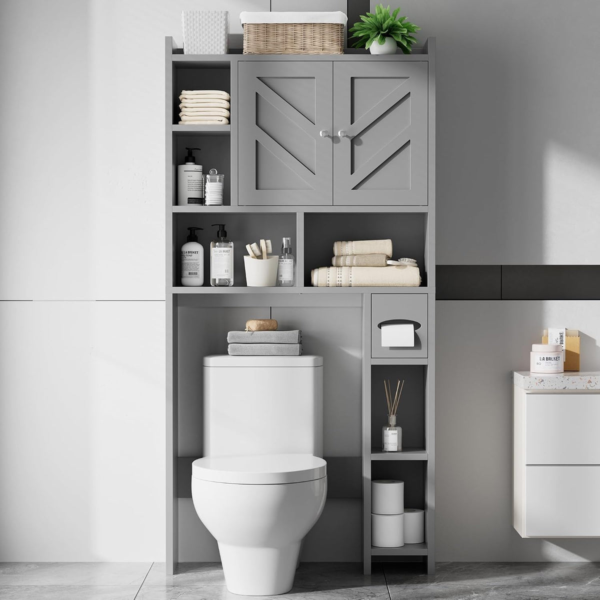 Over the Toilet Storage Cabinet, Freestanding Farmhouse Storage Cabinet Over Toilet, Bathroom Organizer with Paper Holder Stand and Adjustable Shelf, Grey