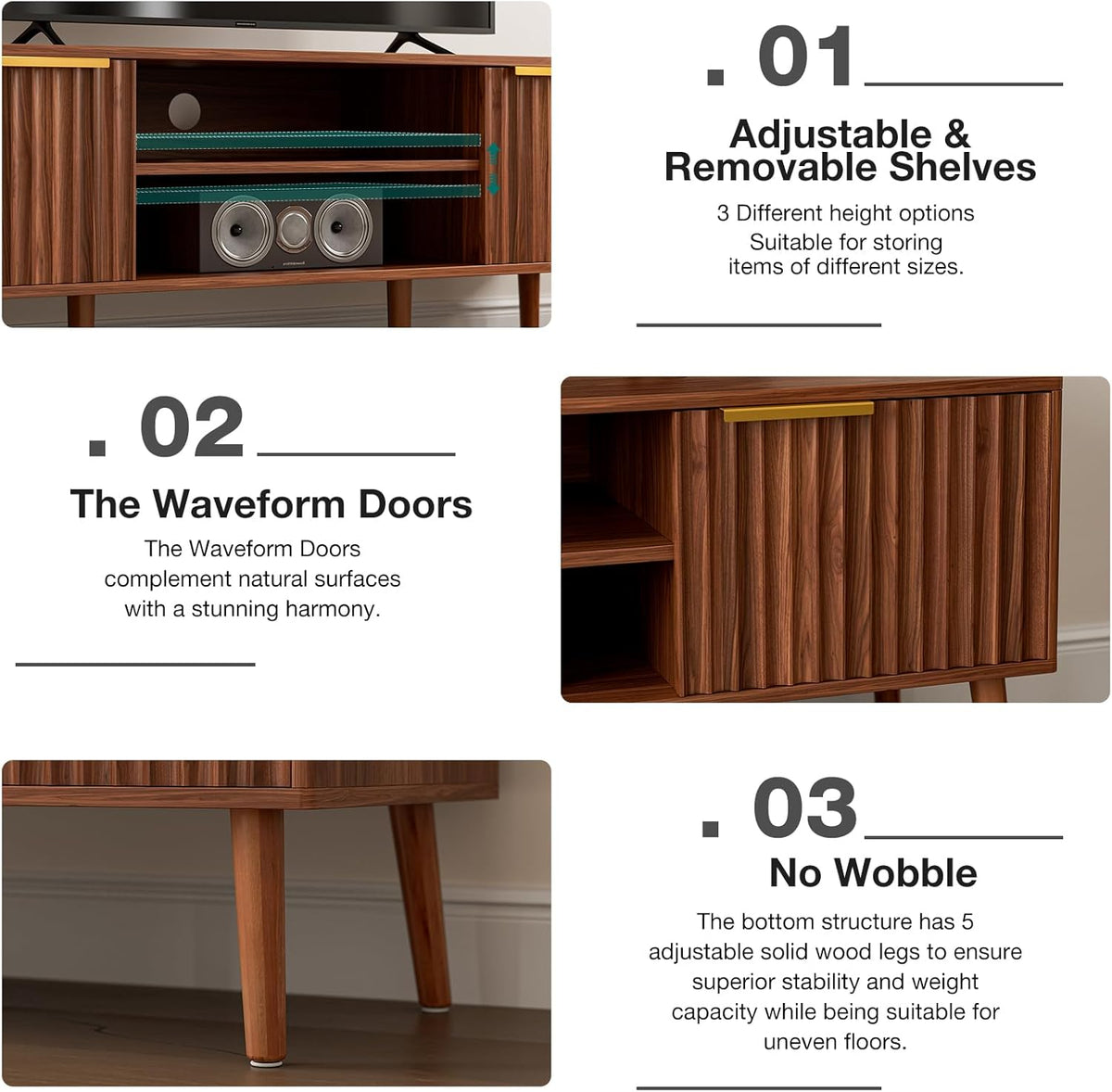 LCRBOL TV Stand with Fluted Doors for TVs up to 65", Mid-Century, Walnut