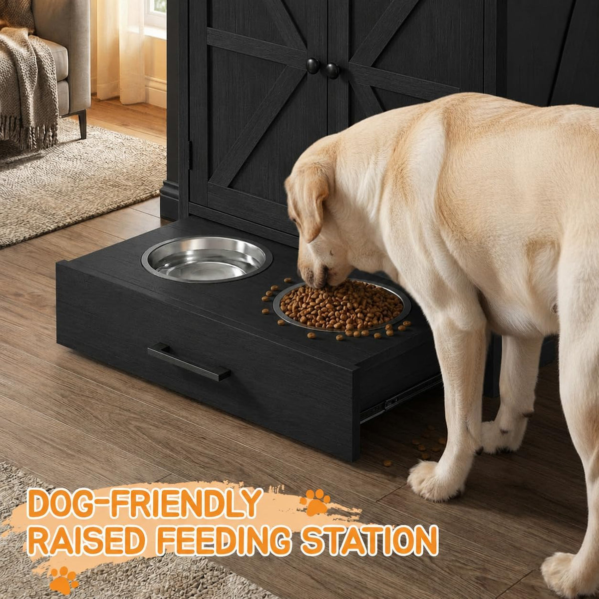Dog Feeding Station with Storage Cabinet, Raised 2 Elevated Dog Bowls with Hidden Drawer, Pet Feeding Station with Storage, Dog Food Storage Cabinet with 3 Side Hooks, Pet Storage Station