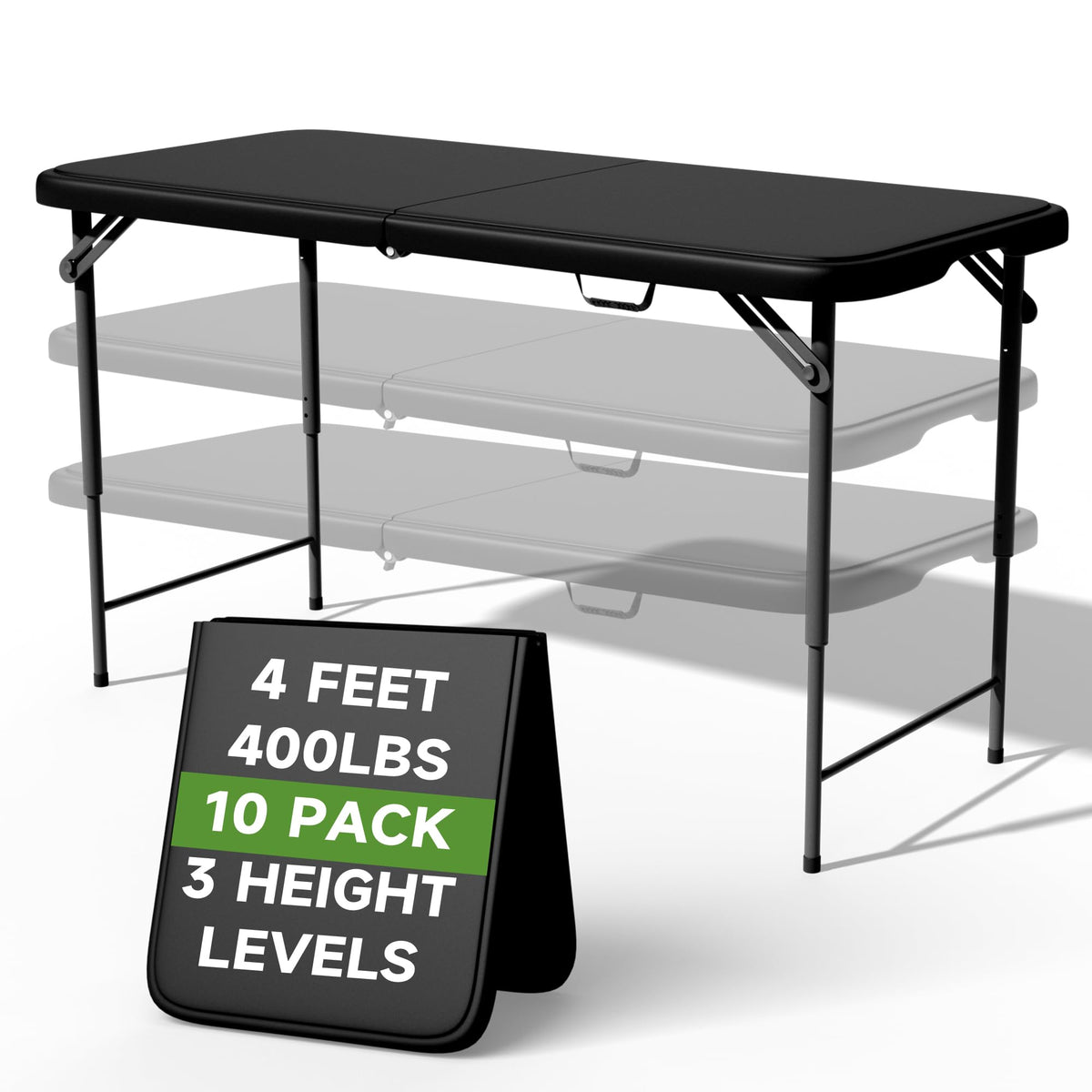 4 FT Folding Table, 3-Position Adjustable Height, Heavy Duty 400 lbs Capacity, Portable Table for Camping, Party, Indoor & Outdoor (Black Wood Grain, 2 Pack)