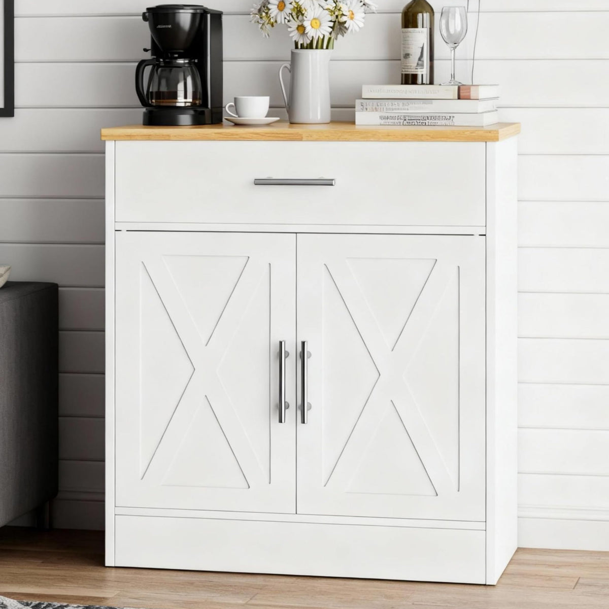 SUNLEI Coffee Bar Cabinet with Storage, Farmhouse Buffet Cabinet with 4 Doors & Adjustable Shelves, Kitchen Sideboard Cabinet for Coffee Station, Dining Room, Living Room & Home, White