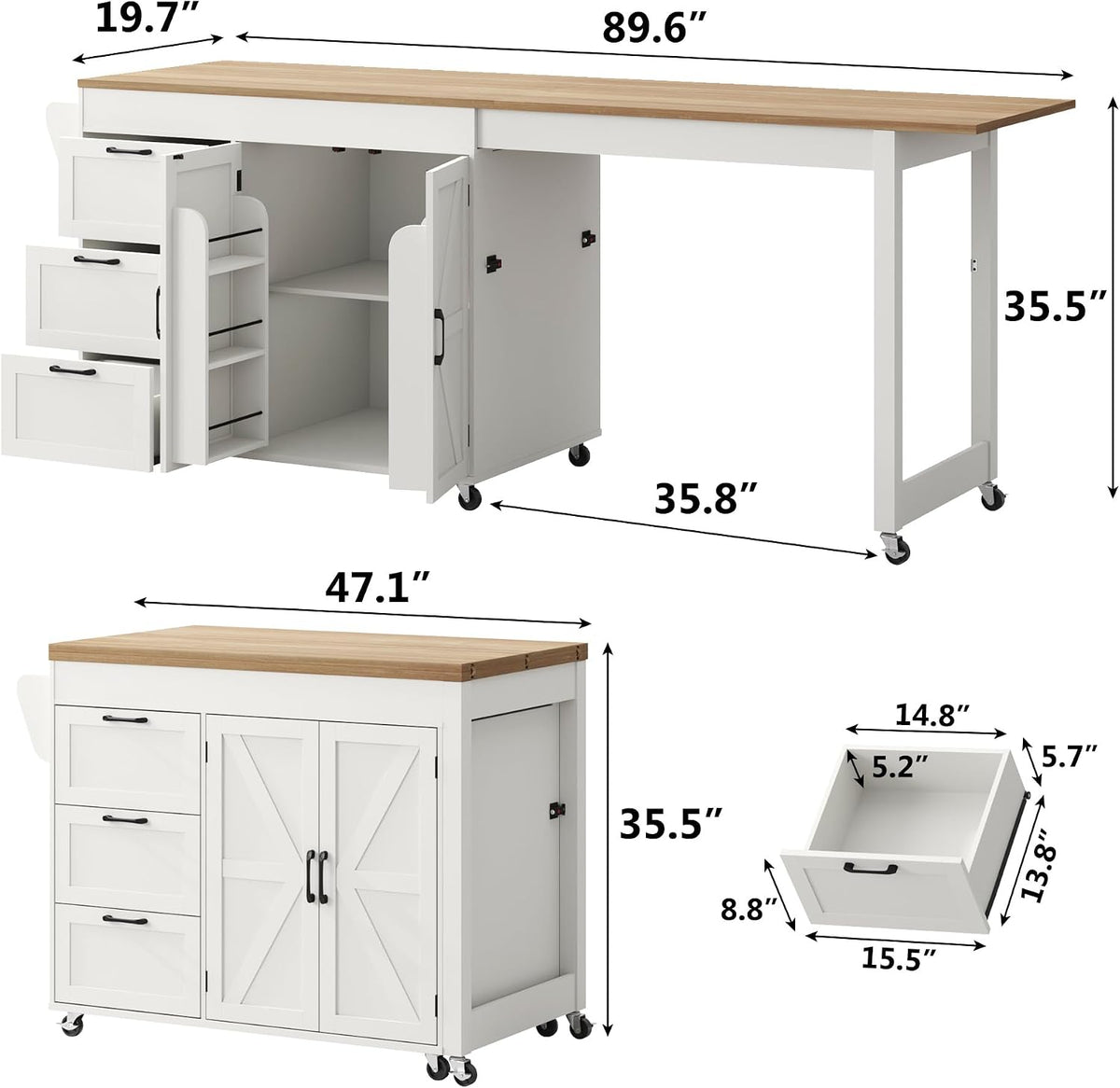 St.Mandyu 47”- 90” Flip-Top Kitchen Island with Extendable Dining Table, Mobile Rolling Storage Kitchen Cart with 3 Drawers & Spice Rack, Multi-Functional Bar Island Table Seats 2-4, White
