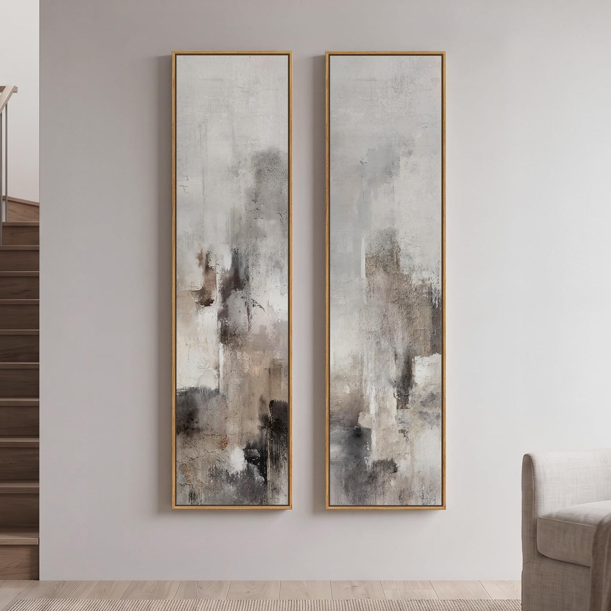 Large Framed Beige Cream Abstract Vertical Wall Art for Hallway, 2 Piece