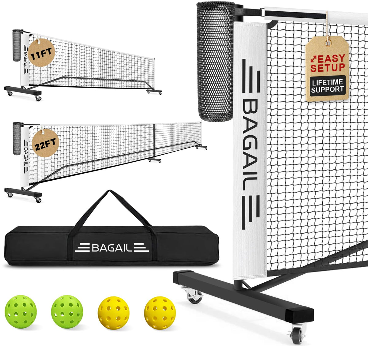 BAGAIL Portable Pickleball Net Set, 22 FT Regulation Size Pickle Ball Net with Ball Collector, 4 Balls and Carry Bag, Easy Setup for Outdoor Indoor Driveway