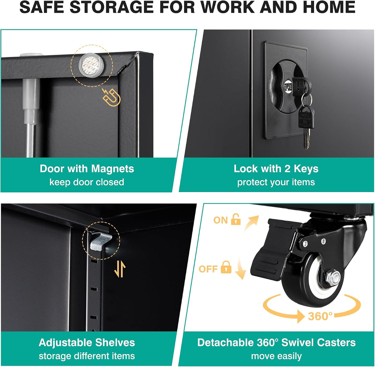 SISESOL 75" Tall Metal Storage Cabinet with Wheels,Rolling Garage Storage Cabinet with Lock,Black Metal Cabinets with Wheels and Shelves,Deep Heavy Duty Tool Locker for Garage,Home,Office,Shop