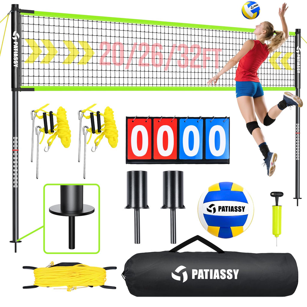 Portable Volleyball Net Set for Backyard, Adjustable Width (32/26/20FT) & Height, Anti-Sag Tension Design for Outdoor Stability, PU Volleyball with Pump, Carry Bag