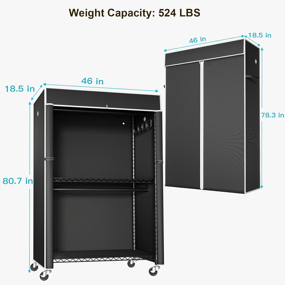 FUTASSI Black Clothing Rack with Black Cover, P1C Plus Rolling Closet
