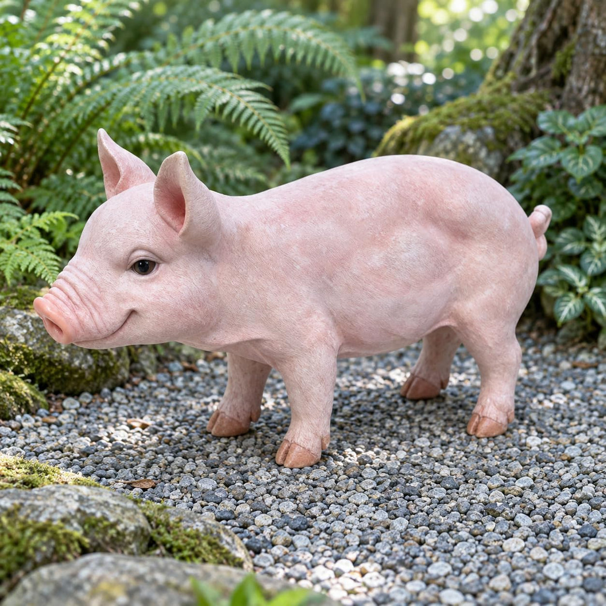 Baby Pink Pig Garden Statue with Curled Tail for Farmhouse Decor