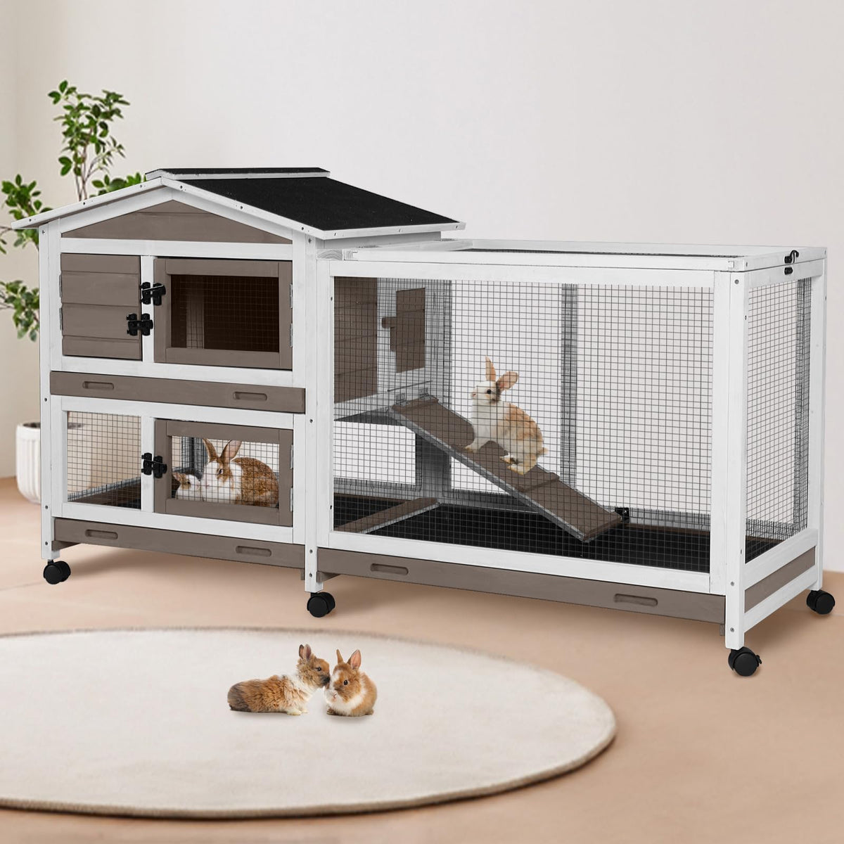 Suumerpety 2-Story Wooden Rabbit Hutch with Chew-Proof Ramp, Dual Leak-Proof Pull-Out Trays & 4 Lockable Wheels, Indoor Outdoor Bunny Cage for Rabbits & Guinea Pigs (Grey)