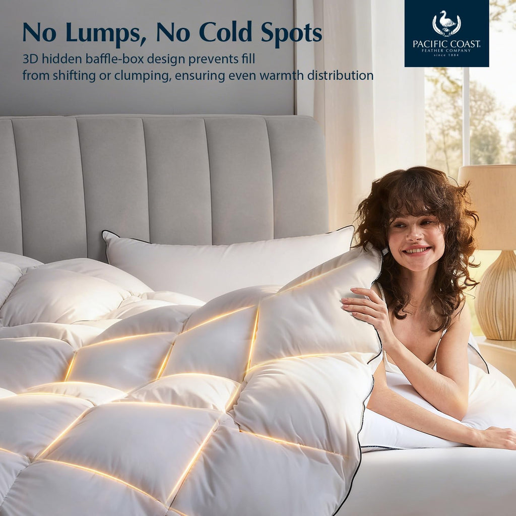 Pacific Coast Luxury White Goose Feather Down Fiber Comforter Queen Size, All Season Hotel Collection Duvet Insert, Ultra Soft, Breathable Bedding Comforter with 8 Corner Tabs, 90x90 Inch White