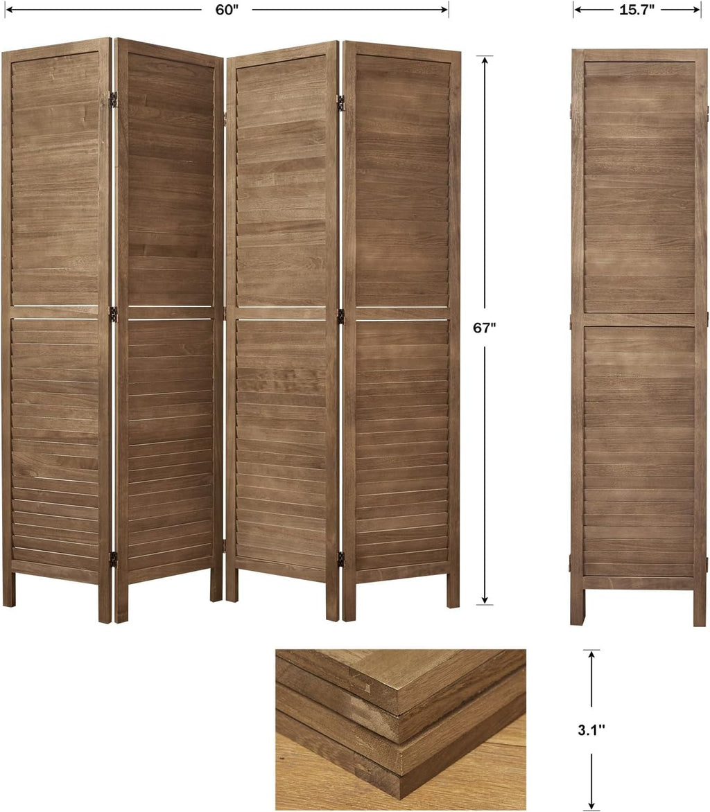 Room Dividers and Folding Privacy Screens, Wood Louvered Separators Divider Wall for Home Office Bedroom - 4 Panels, 63 * 67inch (Brown)