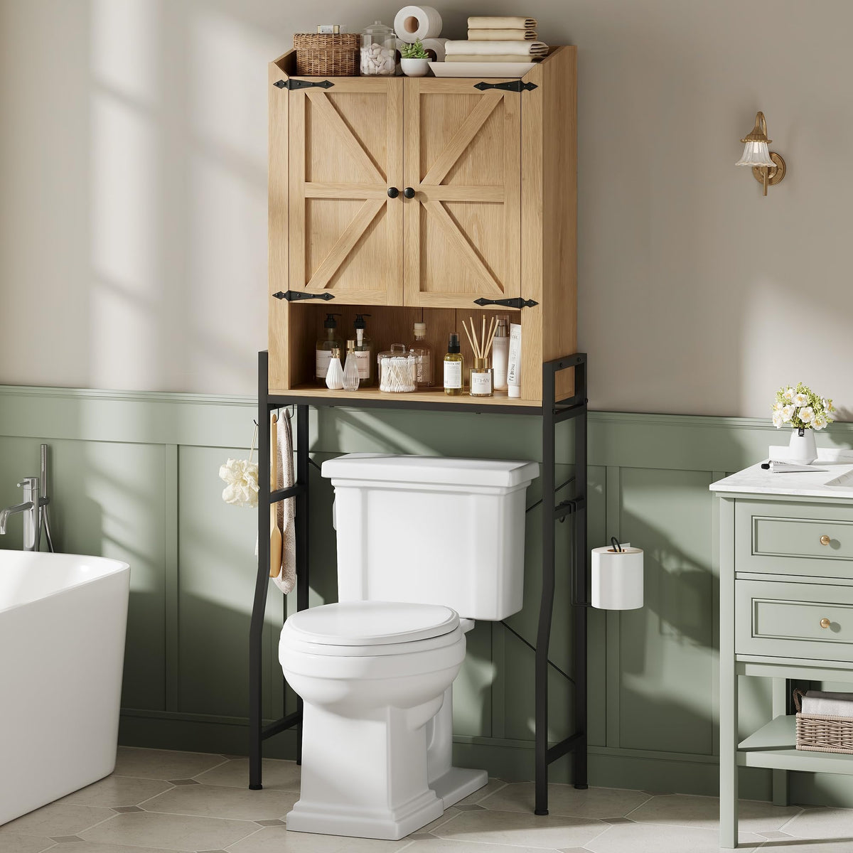 Memobarco Over The Toilet Storage Cabinet with 2-Door & Metal Stand, White