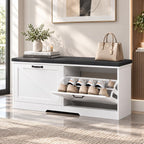 Farmhouse Shoe Storage Bench with Seat Cushion & 2 Flip Drawers
