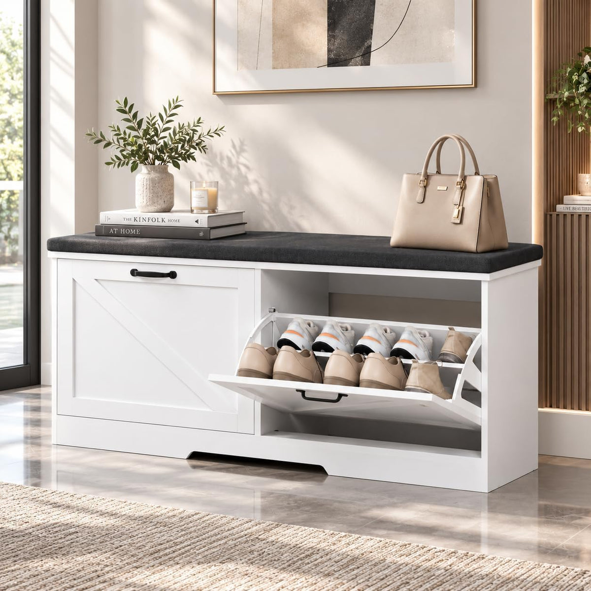Farmhouse Shoe Storage Bench with Seat Cushion & 2 Flip Drawers