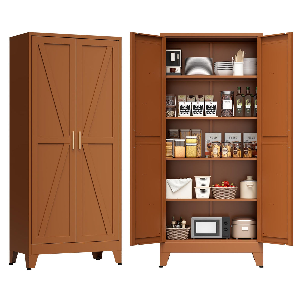 COFaR Black Farmhouse Storage Kitchen Pantry Cabinet with 2 Barn Door, 3 Adjustable Shelves and Legs, for Cupboard/Dining Room/Bathroom/Living Room/Office/Laundry Room (Black, 61" Farmhouse)