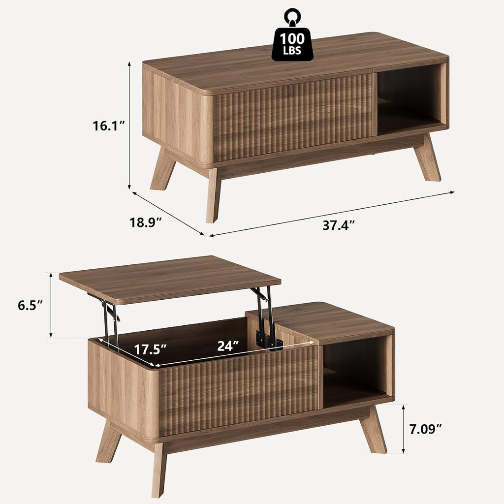 Lift Top Coffee Table, Fluted Hidden Storage Table for Living Room, Walnut