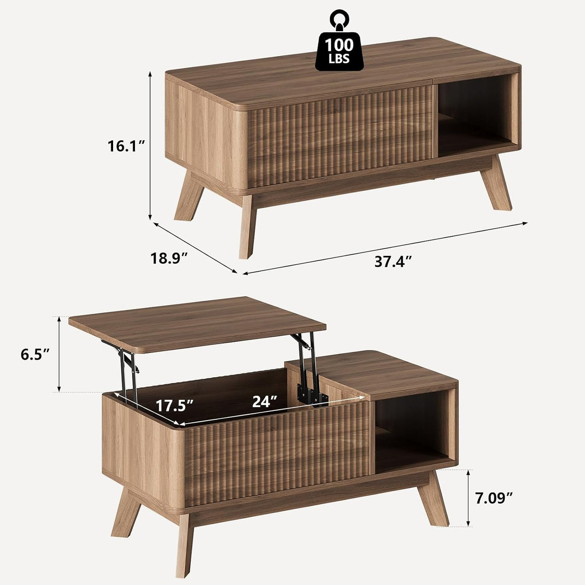 Lift Top Coffee Table, Fluted Hidden Storage Table for Living Room, Walnut