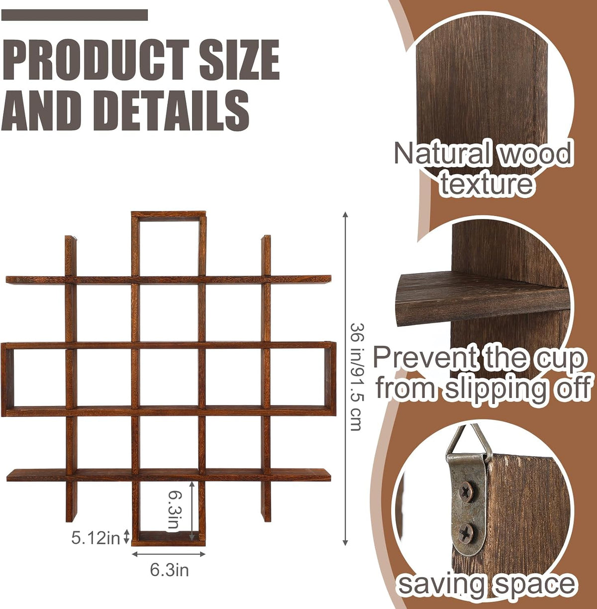 Suzile 5x5 Wall Shelf for Tea Cups Saucers, Rustic Wood Rack, Brown