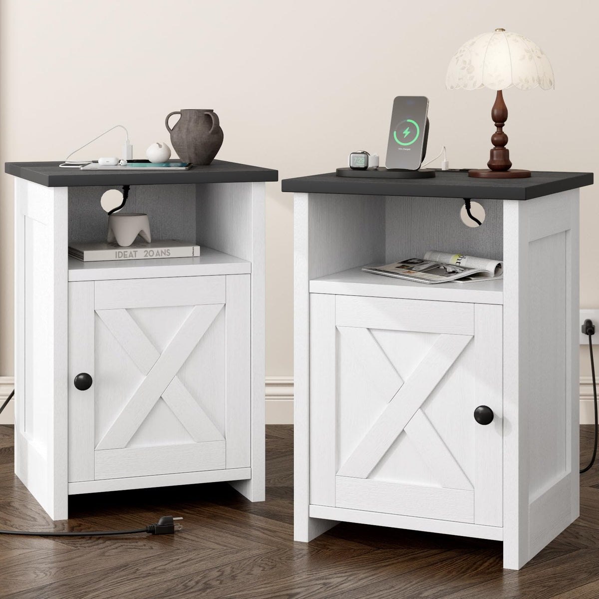 Farmhouse End Table Set of 2 w/Charging Station, Nightstands w/Barn Door & Storage Shelf, Rustic Bedside Table for Living Room, Bedroom, Entryway, Office, Small Spaces, Black