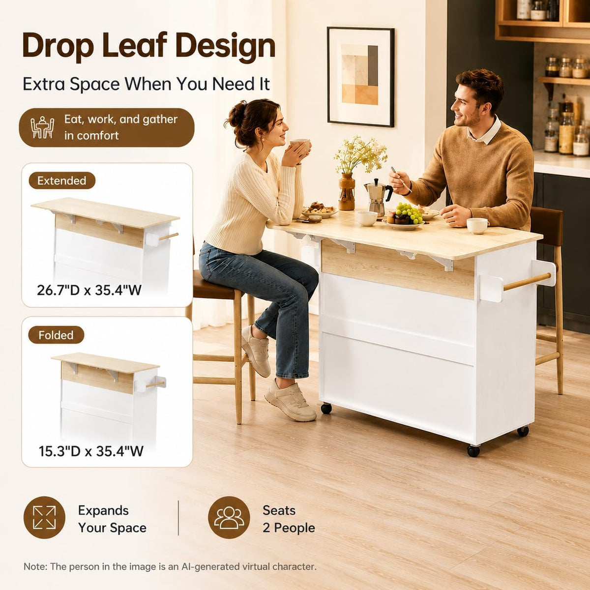 IRONCK Kitchen Island with Power Outlet, 3-Tier Side Storage Rack, White