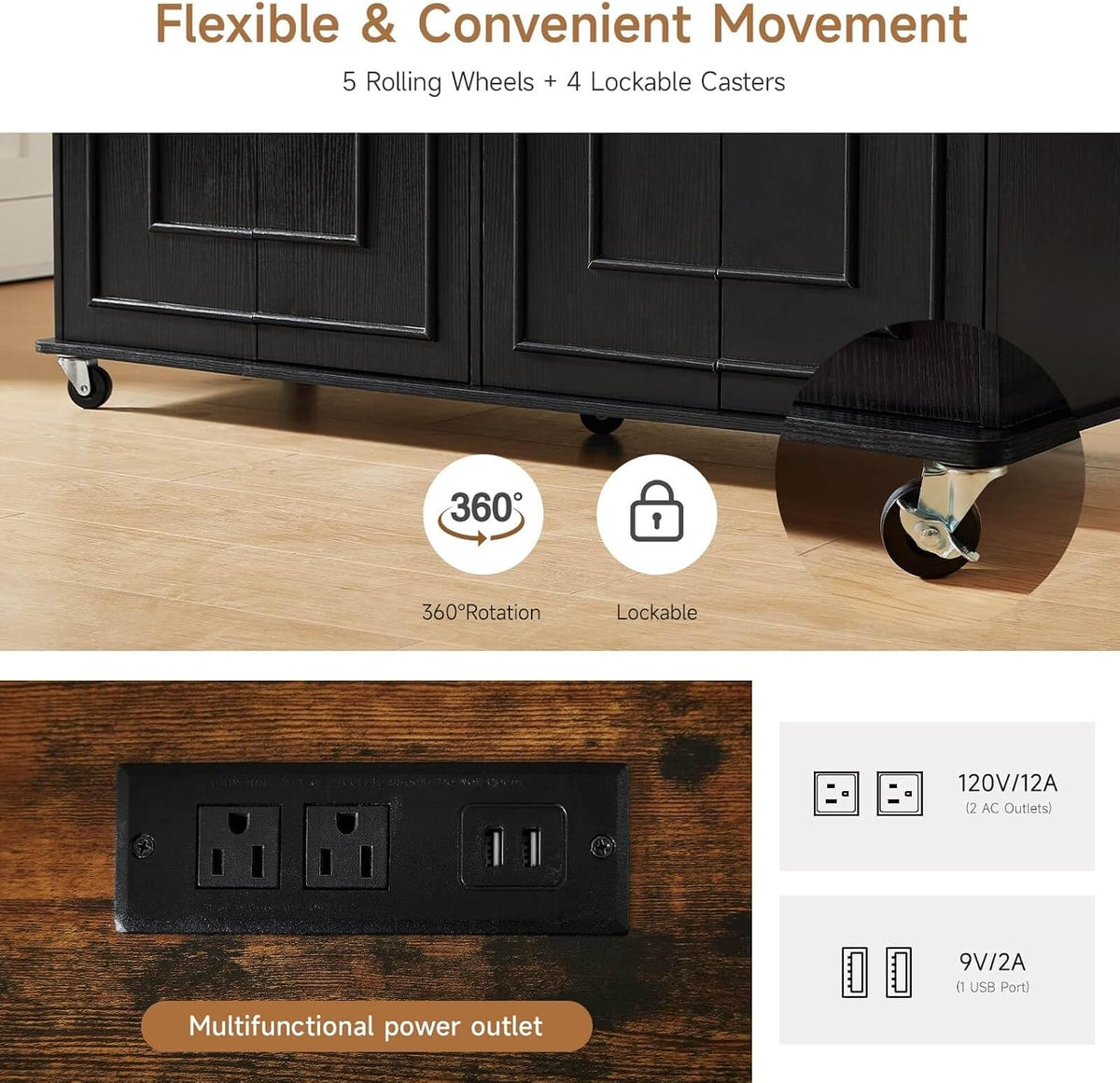 ONBRILL 58" Kitchen Island with Power Outlet, Rolling Kitchen Cart, Black