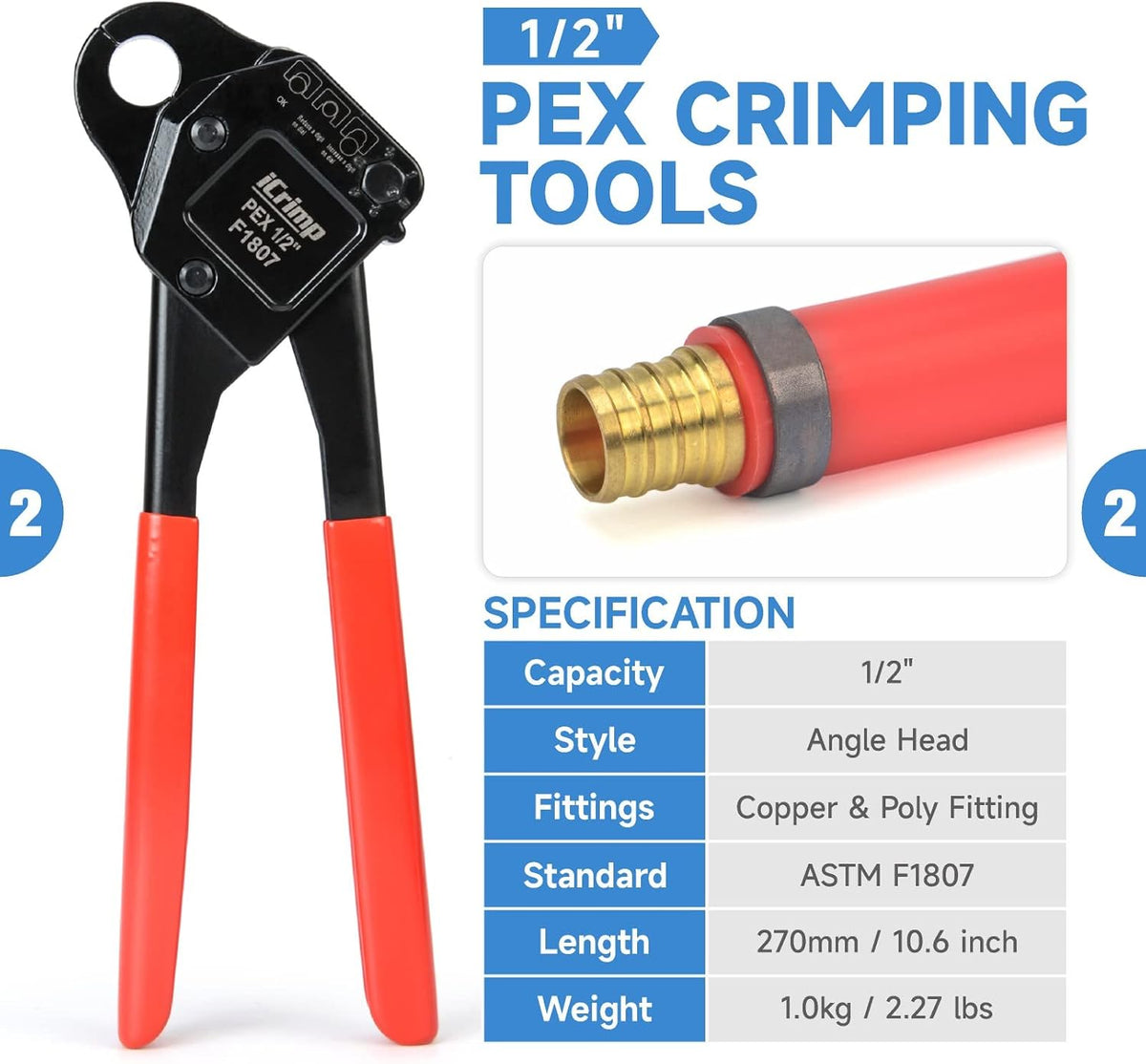 iCrimp IWS-1807CN PEX Crimping Tool Kit with PEX Crimpers, PEX Tubing Cutter, Copper Ring Removal Tool for 1/2’’ & 3/4’’ Copper Crimp Rings, Meets ASTM F1807 Standard