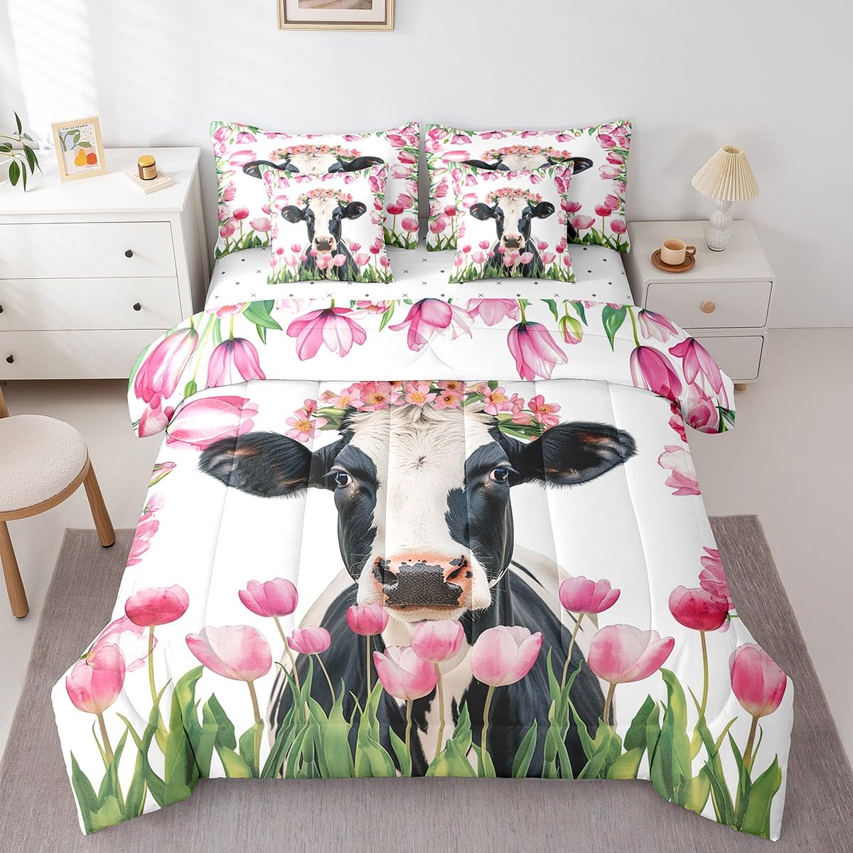 Erosebridal Brown Cow Print King Comforter Set 7 Piece, Simulated Black Cowhide Western Farmhouse Bedding Sets with Sheets, Rustic Highland Cow Skin Bed in a Bag with Fitted Flat Sheet, Pillowcases
