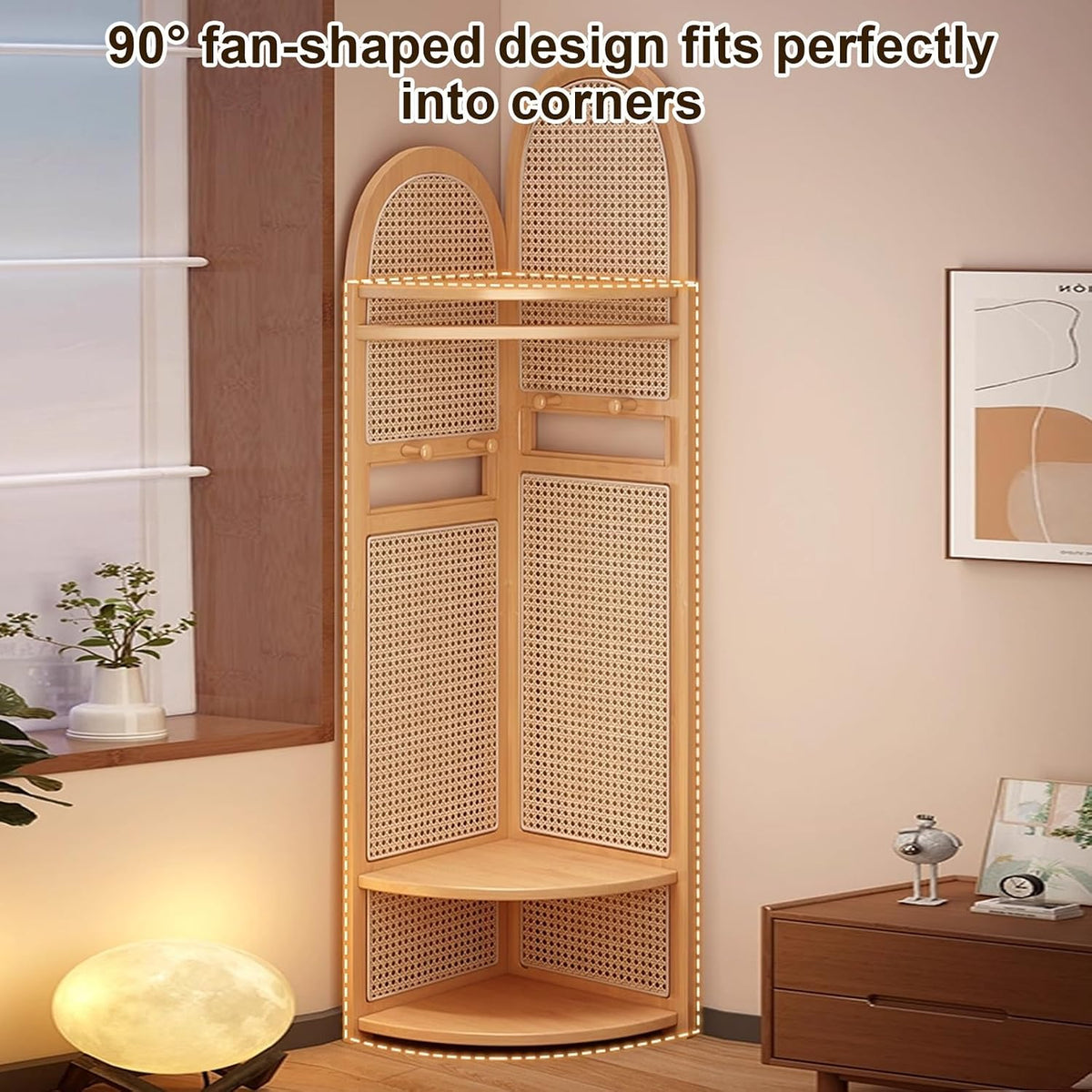 Wooden Corner Clothes Rack, 3-Tier Rattan Corner Hall Tree with Bench and Shoe Storage, Entryway Coat Rack with 4 Hooks, for Entryway or Bedroom(Yellow)