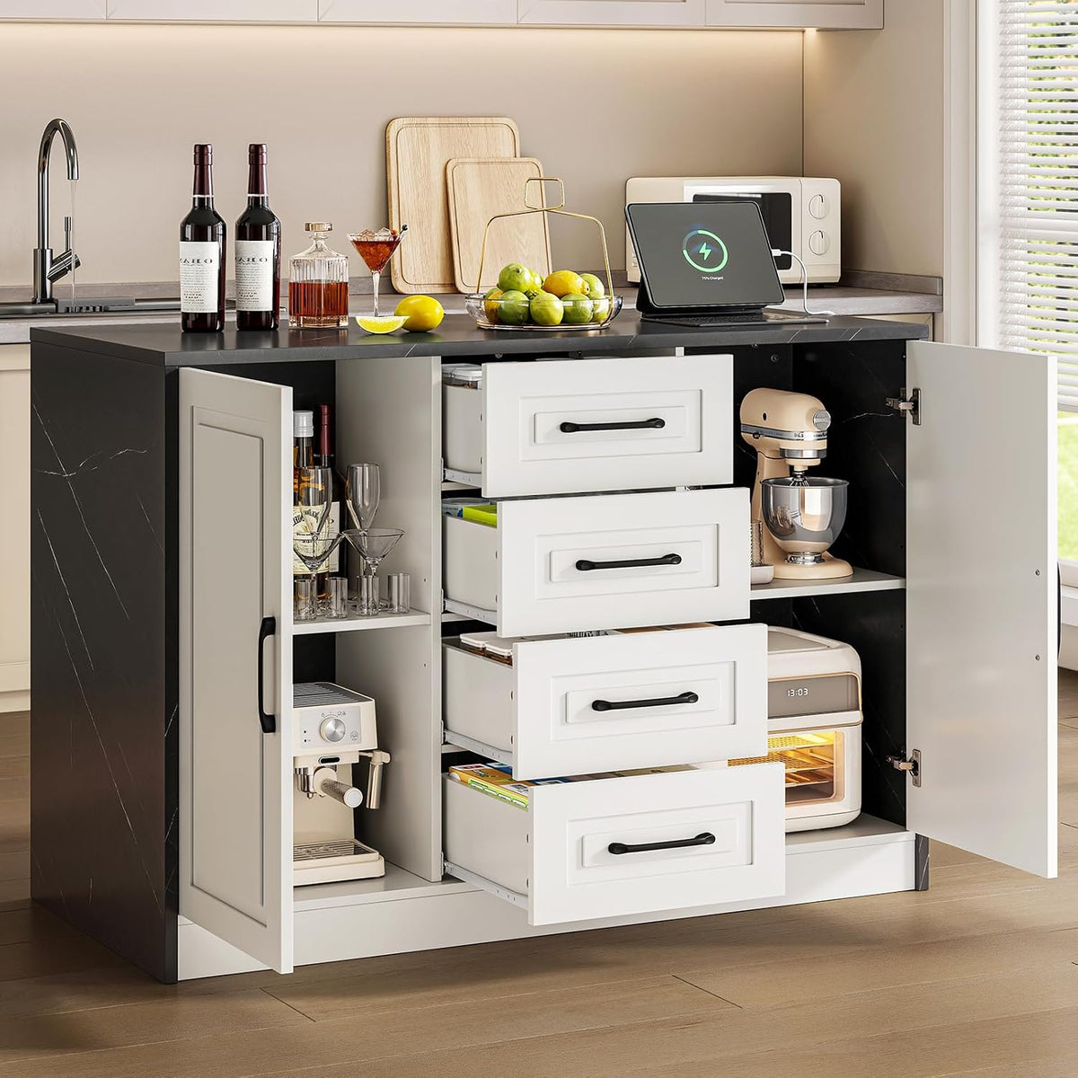 ONBRILL Kitchen Island with 2 Storage Cabinets & 4 Drawers, White+Black