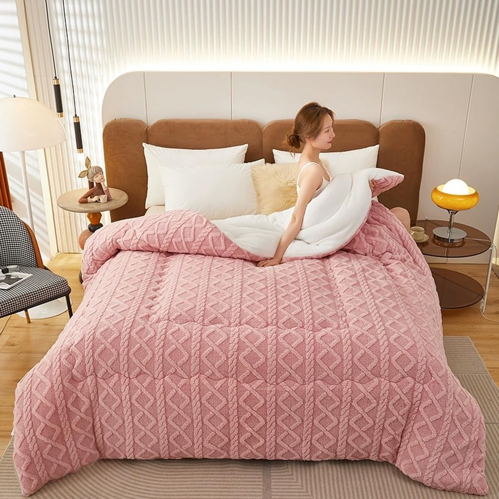 Breathable Warmth Fluffy Plush Double Sided Velvet Blanket,Thickened Super Soft Insulation Hibiscus Winter Quilt, Hibiscus Double Fabrics, for Cold Weather,Pink,220x240cm/5kg
